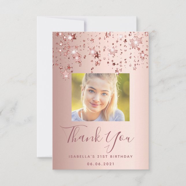 Birthday custom photo rose gold pink stars glam thank you card (Front)