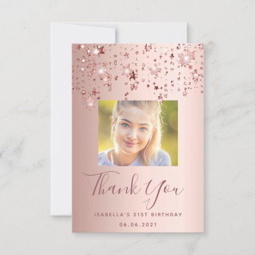 Birthday custom photo rose gold pink stars glam thank you card