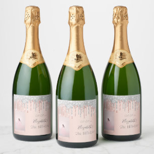Birthday custom photo rose gold silver drips sparkling wine label