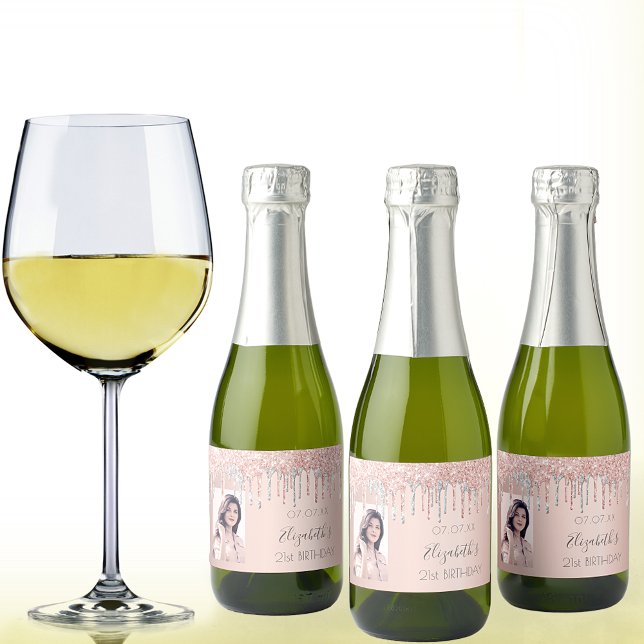 Birthday custom photo rose gold silver sparkling wine label (Creator Uploaded)