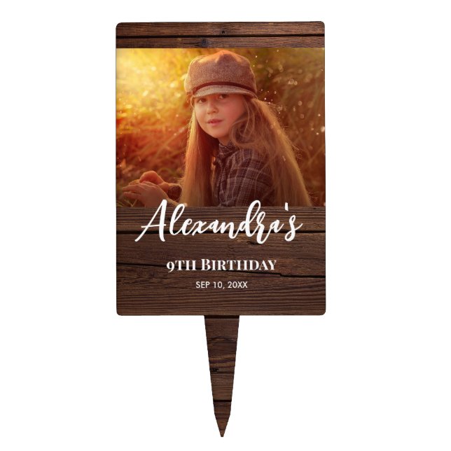 Birthday Custom Photo Rustic Wooden Background Cake Topper (Front)