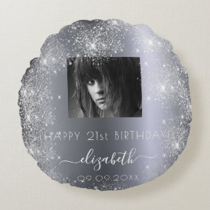 Birthday custom photo silver glitter dust name round pillow