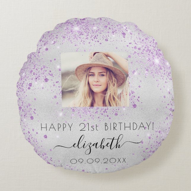 Birthday custom photo silver glitter name round pillow (Front)