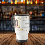 Birthday custom photo white gold best friends travel mug<br><div class="desc">A gift from friends for a woman's 21st (or any age) birthday. Personalize and 2 of your own photos, her name, age 21 and your names. Black text. A chic, classic white background color. Her name is written with a modern hand lettered style script with swashes. Decorated with faux gold...</div>