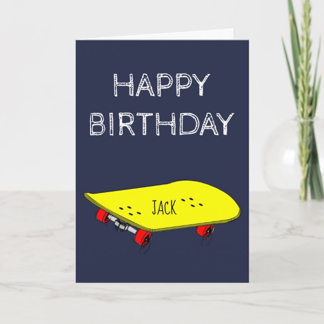 Birthday customisable name Cool yellow skateboard Card (Front)