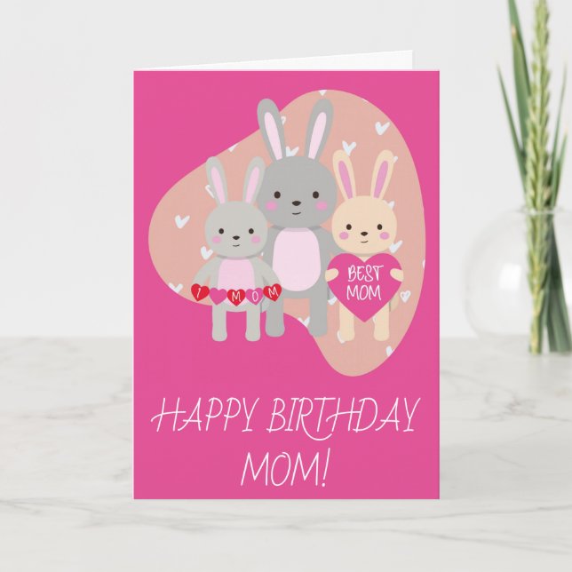 Birthday Cute Best Mom Bunny Rabbit Pink Hearts Card (Front)