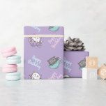 Birthday cute cat in the cup purple wrapping paper
