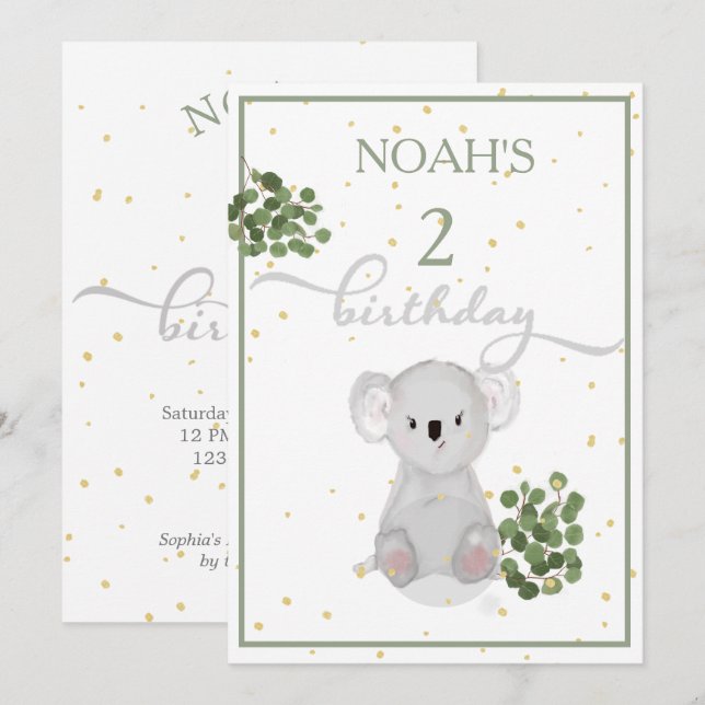 Birthday Cute Koala Green Leaves Gold Invitation (Front/Back)
