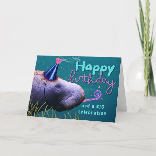 Birthday Cute Manatee at Party Card