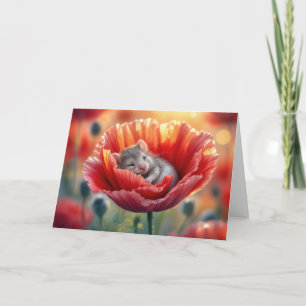 Birthday Cute Mouse Sleeping in a Red Poppy Card