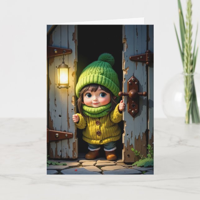 Birthday Cute Munchkin By an Old Door Card (Front)