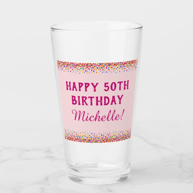 Birthday Cute Pink Colorful Confetti Pint Glass (Front)