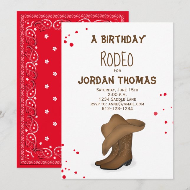 Birthday Cute Red Bandana Cowboy Hat and Boots Invitation (Front/Back)