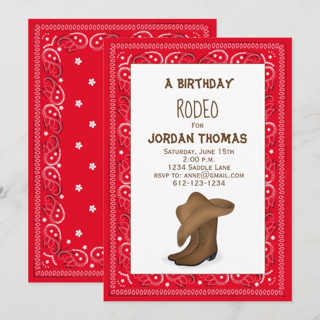 Birthday Cute Red Bandana Cowboy Hat and Boots Invitation (Front/Back)