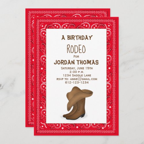 Birthday Cute Red Bandana Cowboy Hat and Boots Invitation
