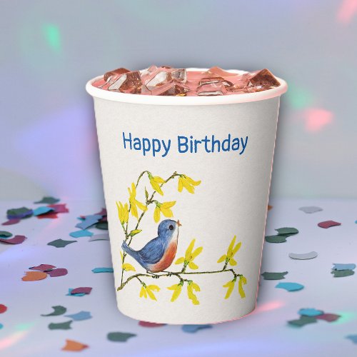 Birthday Cute Red Blue bird on Branch Flowers Paper Cups