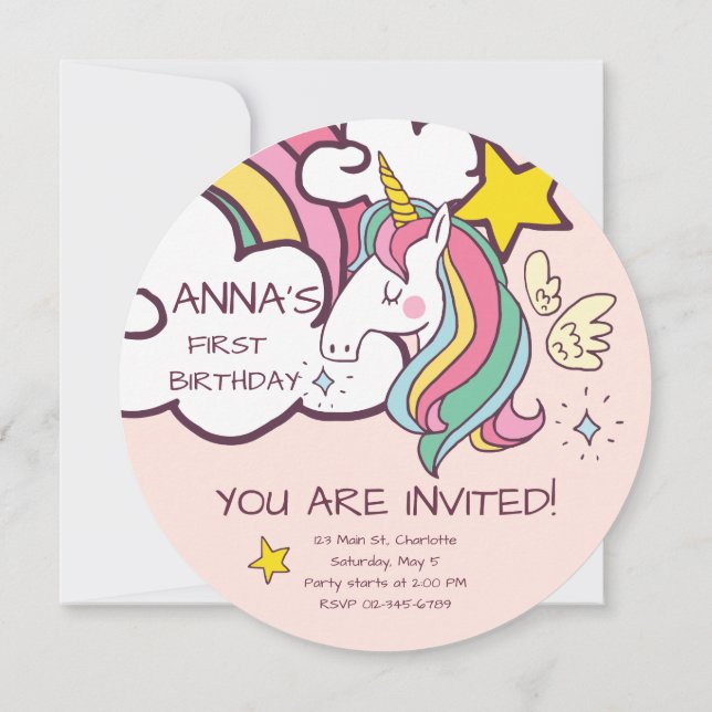 Birthday. Cute Unicorn with Cute Hearts. Invitation (Back)
