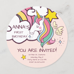 Birthday. Cute Unicorn with Cute Hearts. Invitation