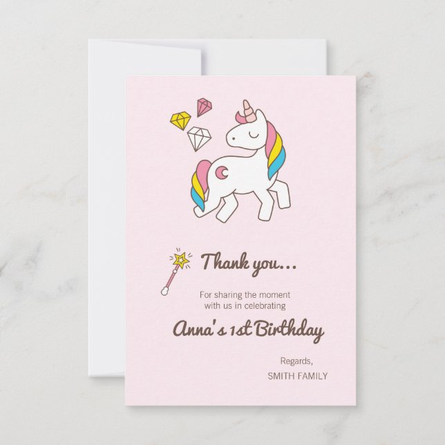 Birthday. Cute Unicorn with Cute Wand & Diamonds Invitation (Back)