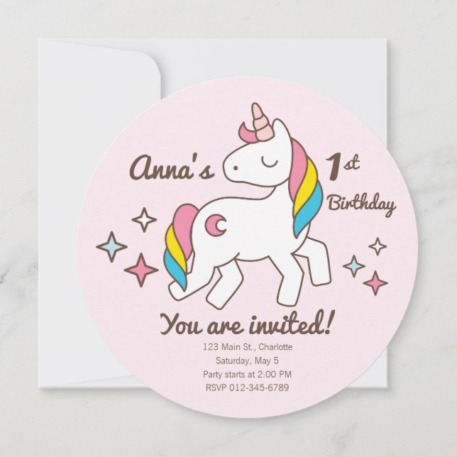 Birthday. Cute Unicorn with Sparkles. Invitation (Back)