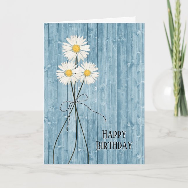 Birthday Daisies On Blue Wood Card (Front)