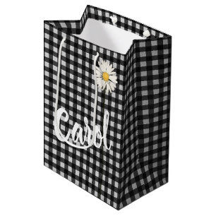 Birthday Daisy and Name On Gingham Medium Gift Bag
