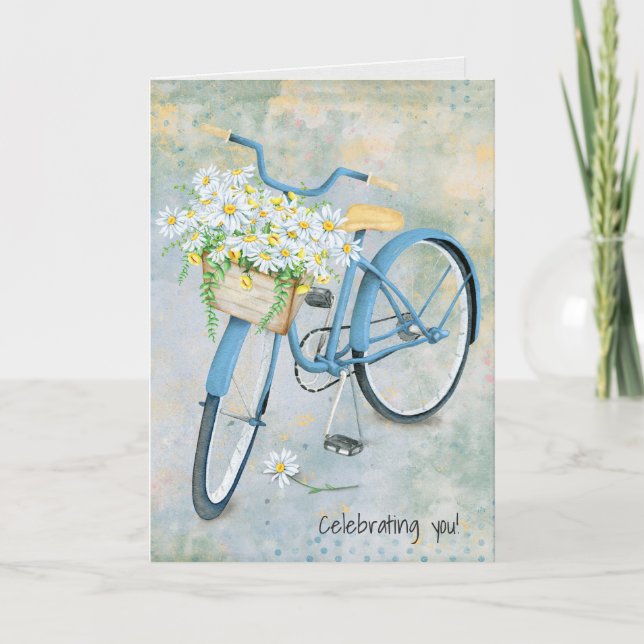 birthday daisy basket on blue bike card (Front)