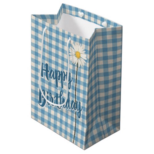 Birthday Daisy On Aqua Gingham Medium Gift Bag