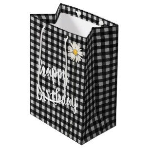 Birthday Daisy On Black and White Gingham  Medium Gift Bag