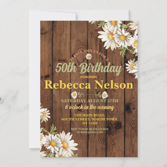 Birthday Daisy Party Invite Any Age Floral Wood (Front)
