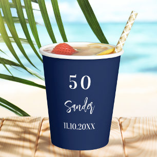 Birthday dark blue white script men paper cups