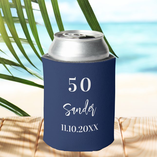 Birthday dark blue white script minimalist can cooler (Creator Uploaded)