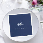 Birthday dark blue white script minimalist napkins<br><div class="desc">For a 50th (or any age) birthday party.  A dark blue background. Add your name,  age,   date. The name is written with a modern hand lettered style script.  White text.</div>