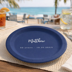 Birthday dark blue white script minimalist paper plates