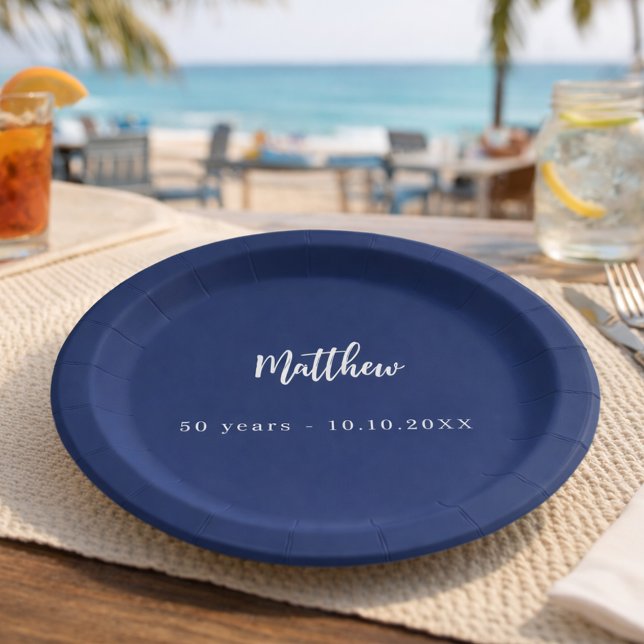Birthday dark blue white script minimalist paper plates (Creator Uploaded)