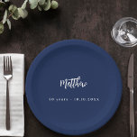 Birthday dark blue white script minimalist paper plates<br><div class="desc">For a 50th (or any age) birthday party.  A dark blue background. Add your name,  age,  date. The name is written with a modern hand lettered style script.  White text.</div>