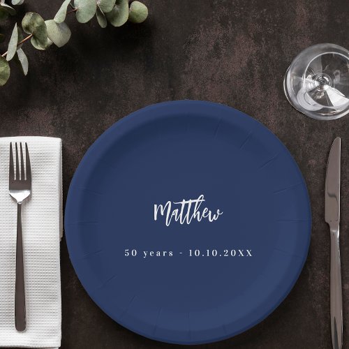 Birthday dark blue white script minimalist paper plates