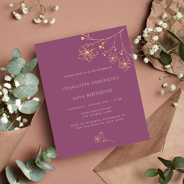Birthday dark pink gold floral budget invitation (Creator Uploaded)