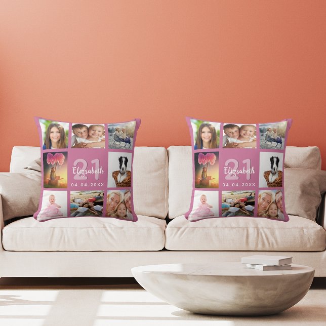 Birthday dark pink photo collage woman throw pillow (Creator Uploaded)
