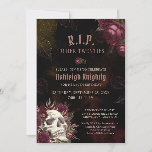 Birthday Dark Skull and Roses RIP Twenties Invitation