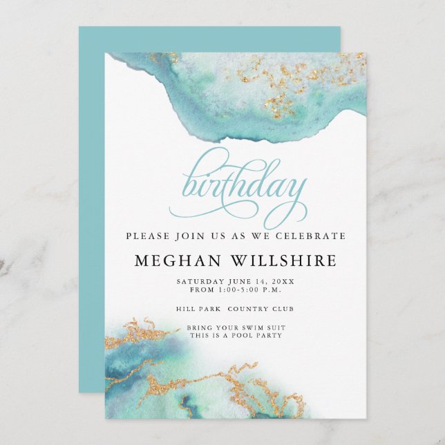 Birthday December Turquoise Blue  Watercolor Geode Invitation (Front/Back)