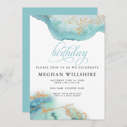 Birthday December Turquoise Blue  Watercolor Geode Invitation