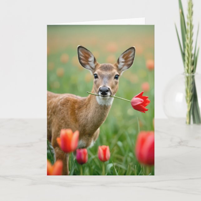 Birthday Deer With a Red Tulip Card (Front)