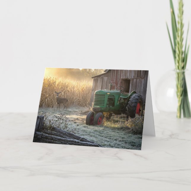 Birthday Deer with Green Vintage Tractor Card (Front)