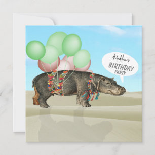 Birthday Desert Fun Hippo Balloons Colorful Invitation