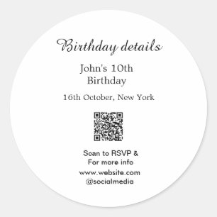 Birthday details 10th birthday scan QR websiteRSVP Classic Round Sticker
