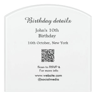 Birthday details 10th birthday scan QR websiteRSVP Door Sign