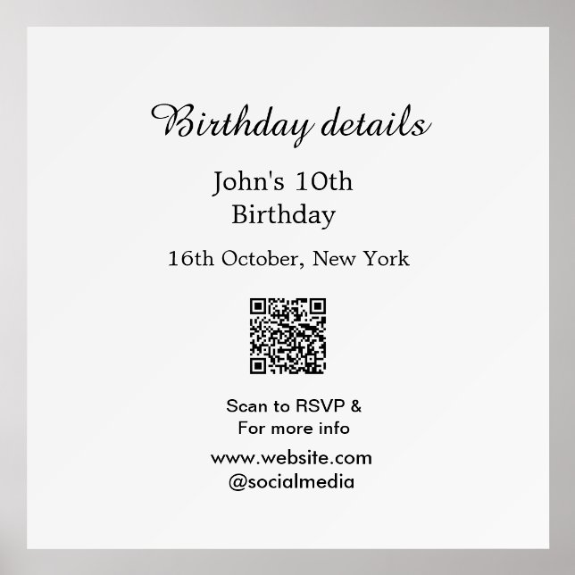 Birthday details 10th birthday scan QR websiteRSVP Holder (Front)