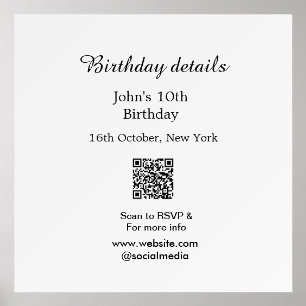 Birthday details 10th birthday scan QR websiteRSVP Holder