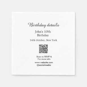 Birthday details 10th birthday scan QR websiteRSVP Napkins